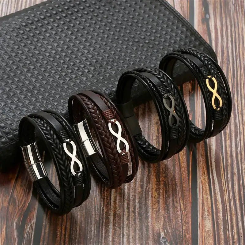 Bracelet Cuir Multi-Rangs Symbole Infini Acier Inoxydable Homme – Style Punk & Biker Authentique | Bijou Homme Streetwear Cadeau Mode Premium