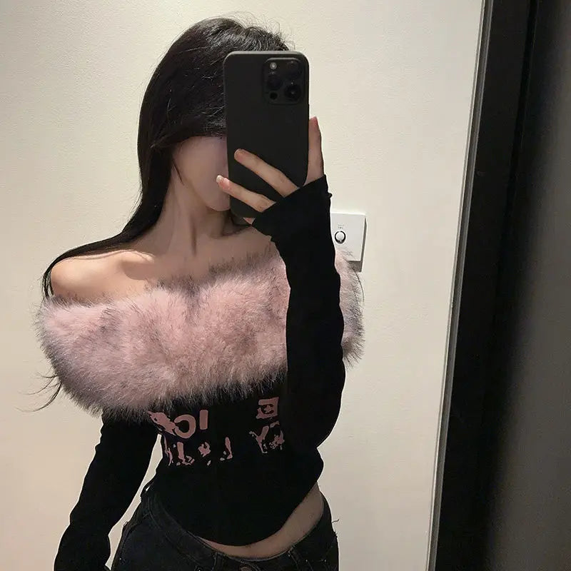 Top Femme Épaules Dénudées Tube Rétro Manches Longues Peluche Gainant Sexy – Sous-Pull Chic | Hiver