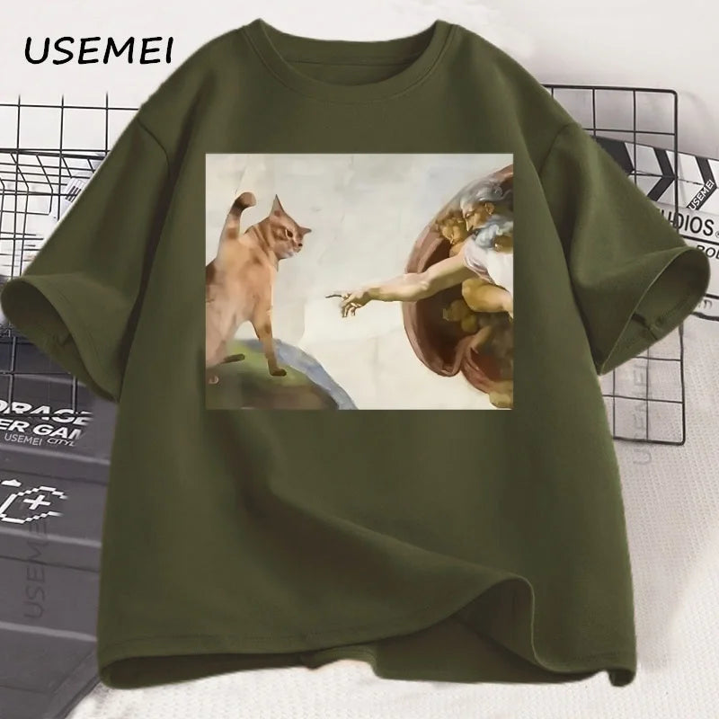 T-Shirt Unisexe Humour Chat Dieu Création d'Adam Meme Jésus Coton Vintage Manches Courtes Col Rond – Streetwear Meme Culte | Mode Casual