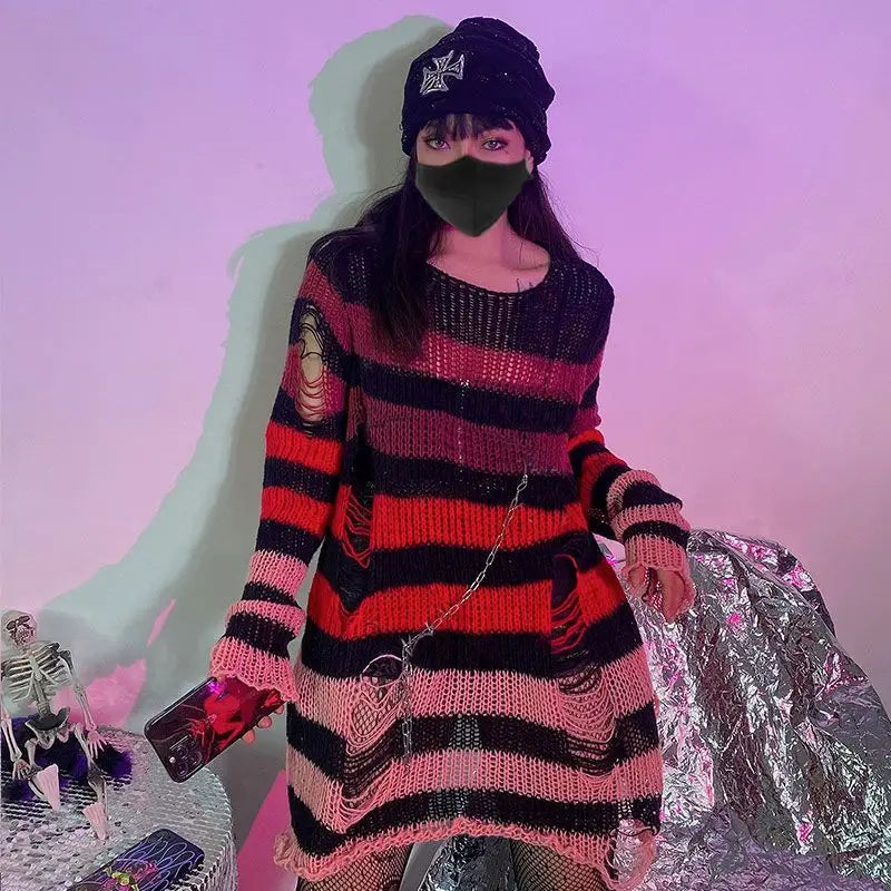 Gothic Damen Strickpullover Lila Streifen Zerrissen Ausgefranst – Fairy Grunge Lolita Emo Streetwear Stil