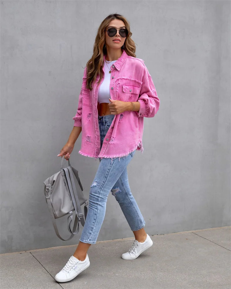 Veste en Jean Femme Bords Bruts Troués – Style Chemise Casual | Printemps Automne Tendance 2025