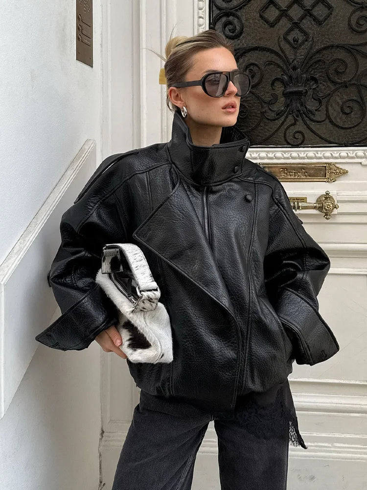 Veste Femme Asymétrique Noire Manches Longues Poches Zippée Ample – Style Mode High Street | Automne | HH