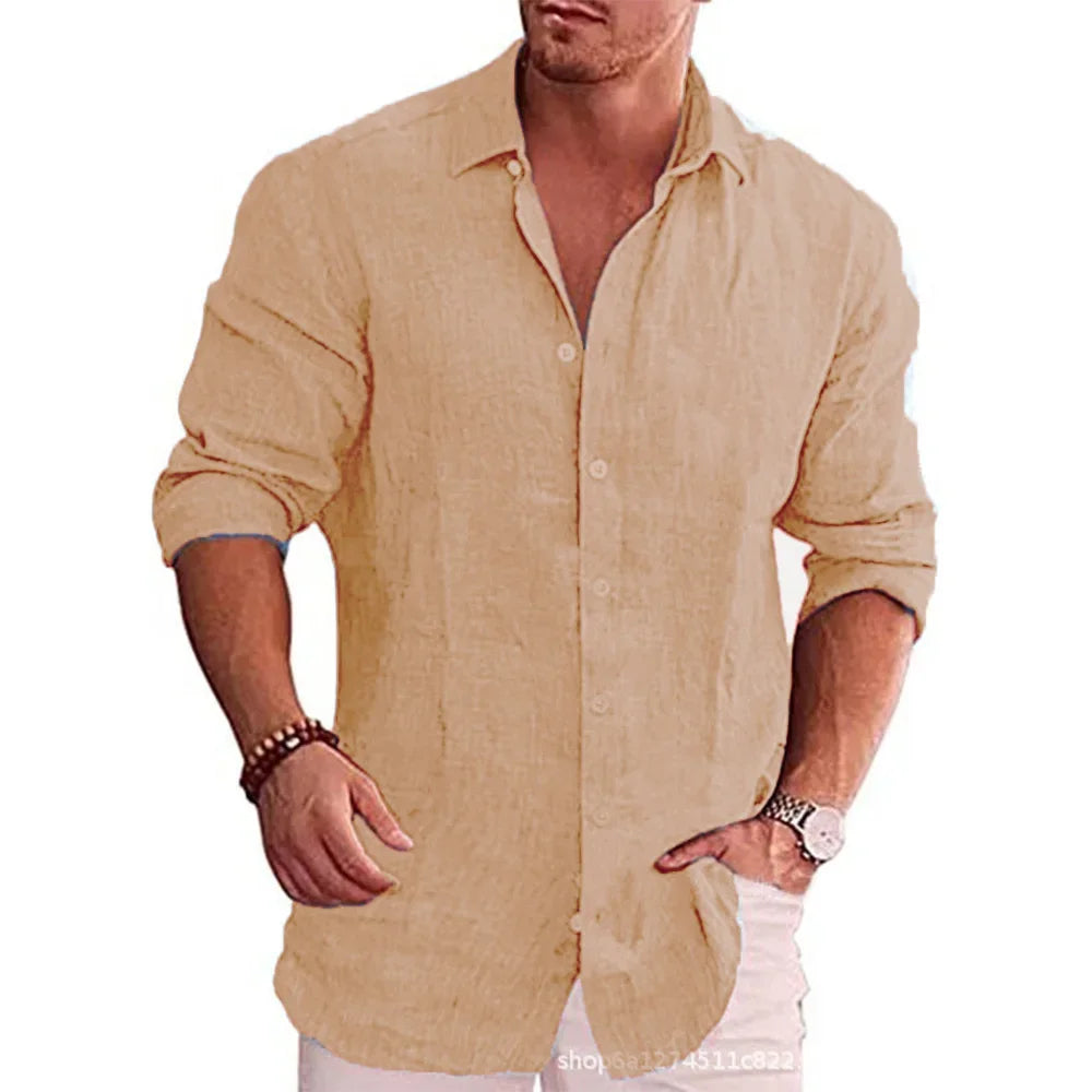 Chemise Homme Lin Coton Manches Longues Couleur Unie Casual Resort Style Polyvalente Automne Élégante Respirante – Chemise Lin Premium Toutes Saisons | Mode Homme Premium