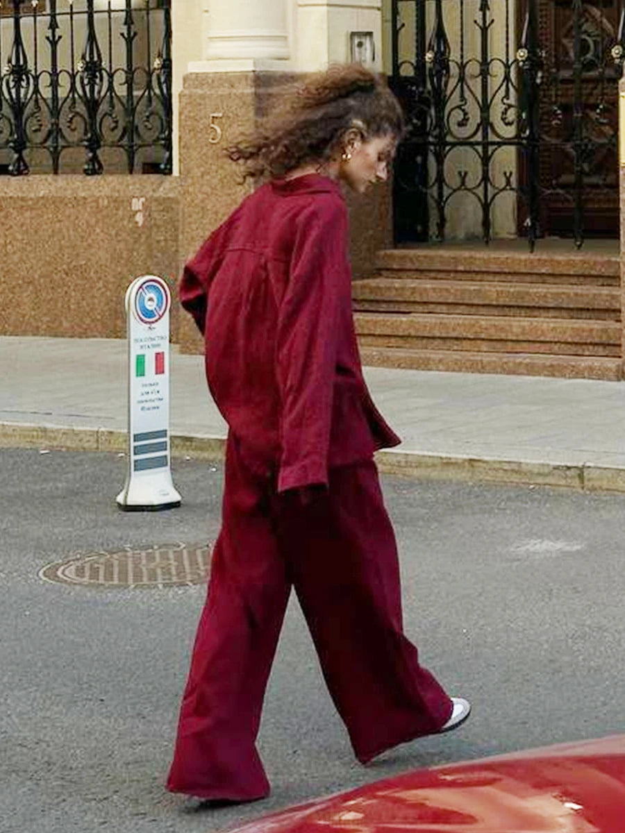 Damen-Zweiteiler aus Baumwolle, legeres Reverskragenhemd mit langen Ärmeln und Hose mit elastischem Bund, einfarbig, bequem – Sommer-Outfit | Bornladies