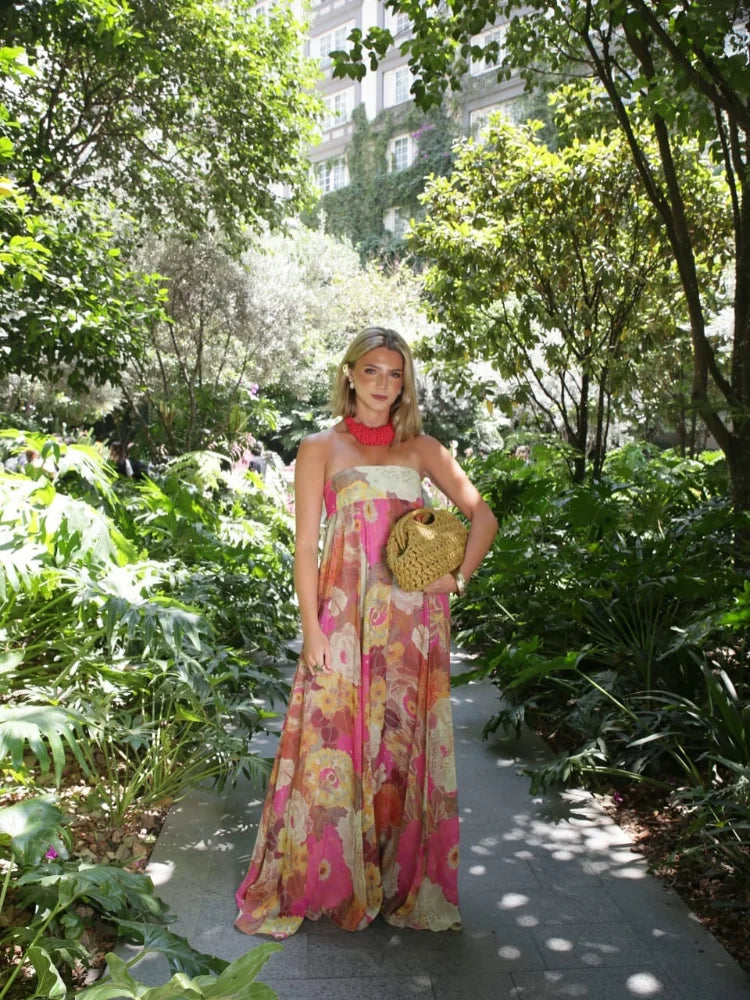 Robe Maxi Femme Imprimée Sans Bretelles Épaules Dénudées Dos Nu Sans Manches Taille Haute – Robe de Soirée Élégante | Été