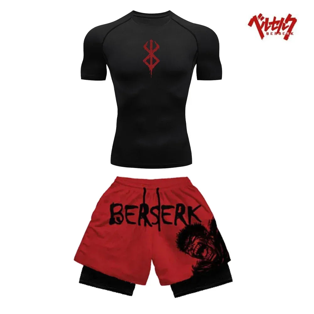 Ensemble Compression Homme Anime Berserk – T-Shirt + Short Gym Séchage Rapide | Running, Fitness & Workout Été | Sportswear Manga