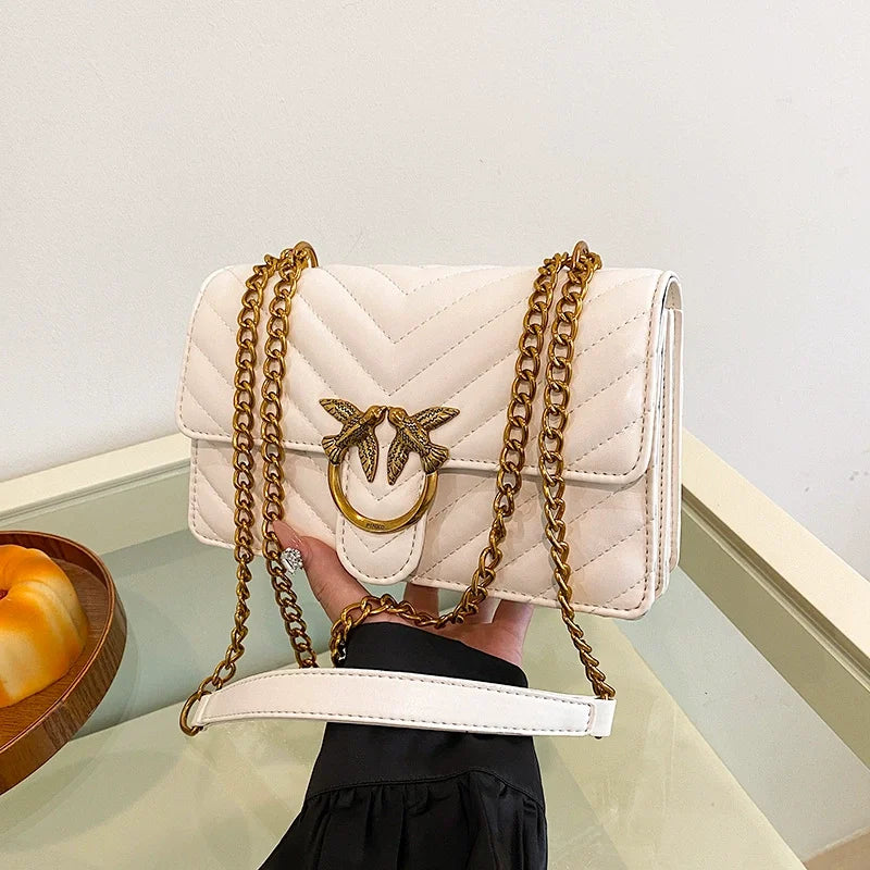 Sac Bandoulière Femme Chaîne Métal Logo – Pochette Crossbody Couleur Unie Fermeture Magnétique