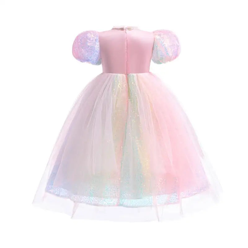 Robe Sirène Princesse Fille Paillettes Perles Manches Bouffantes – Déguisement Fête Halloween Cosplay