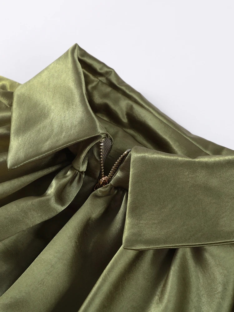 Veste Femme Suède Vert Élégante Manches Bouffantes Revers Fermeture Éclair Ample Plissée – Blouson Court Streetwear Printemps Automne | Mode 2025