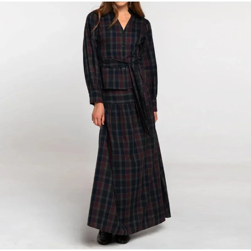 Ensemble 2 Pièces Femme Veste À Carreaux Manches Lanterne Lacets Plissée & Jupe Longue – Tenue Bureau Casual Chic Élégante | Mode