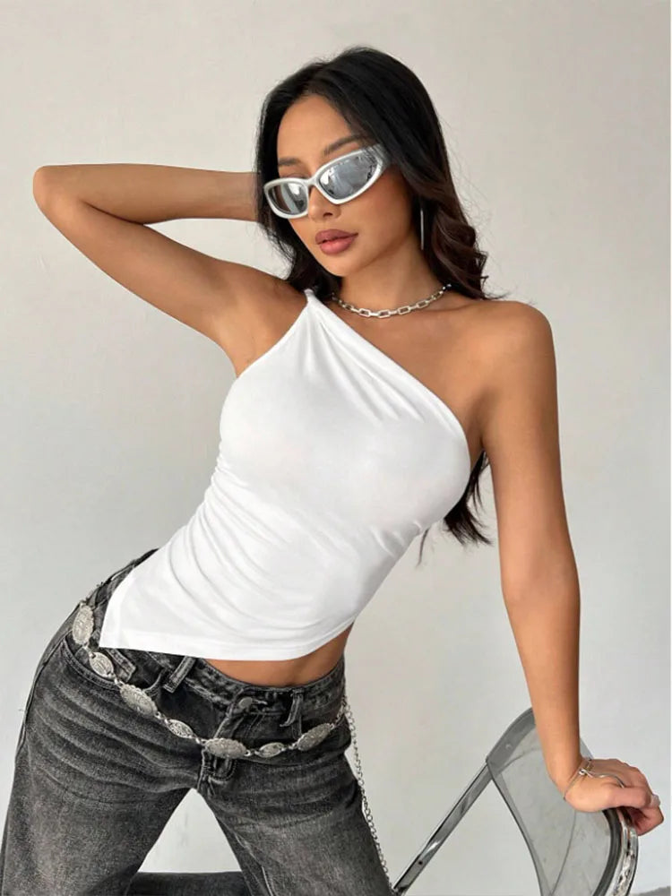 Top Femme T-Shirt Épaule Dénudée Asymmétrique Slim Fit Uni Casual – Haut Tendance Col Original Élégant | Mode 2025