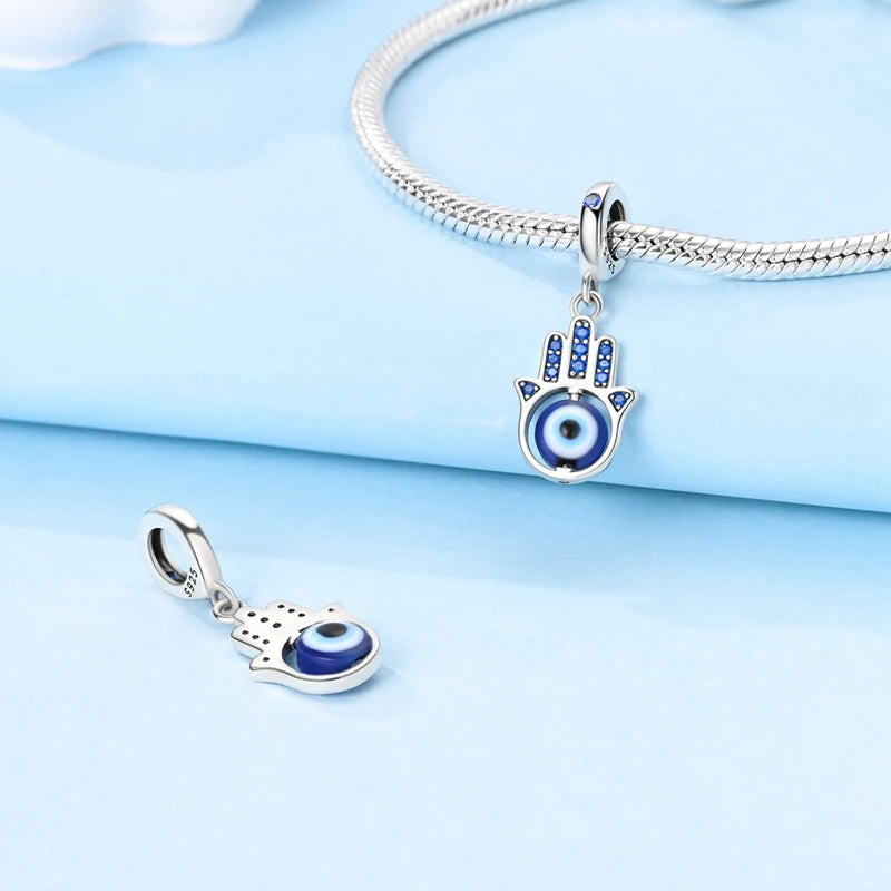 Charm Argent 925 Bleu Rotatif – Œil Démon, Main, Lune & Ciel Étoilé | Perle Pendentif Bracelet Femme | Bijou Spirituel & Mystique