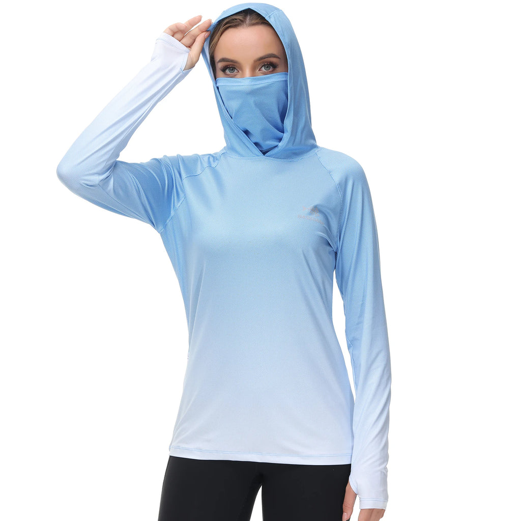 Bassdash Hoodie Anti-UV UPF 50+ Damen – Integrierte Gesichtsbedeckung & Daumenlöcher | Schnelltrocknend & Atmungsaktiv | Angeln, Wandern & Radfahren