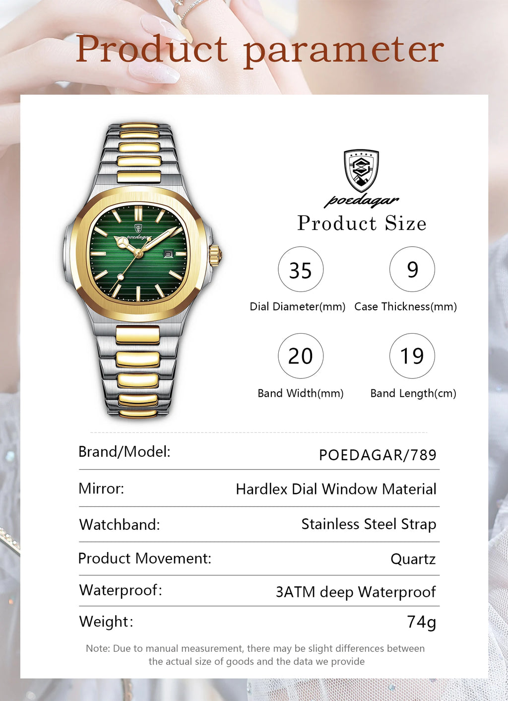 Montre Femme POEDAGAR Carrée Luxe Quartz – Lumineuse Étanche Date Acier Fashion