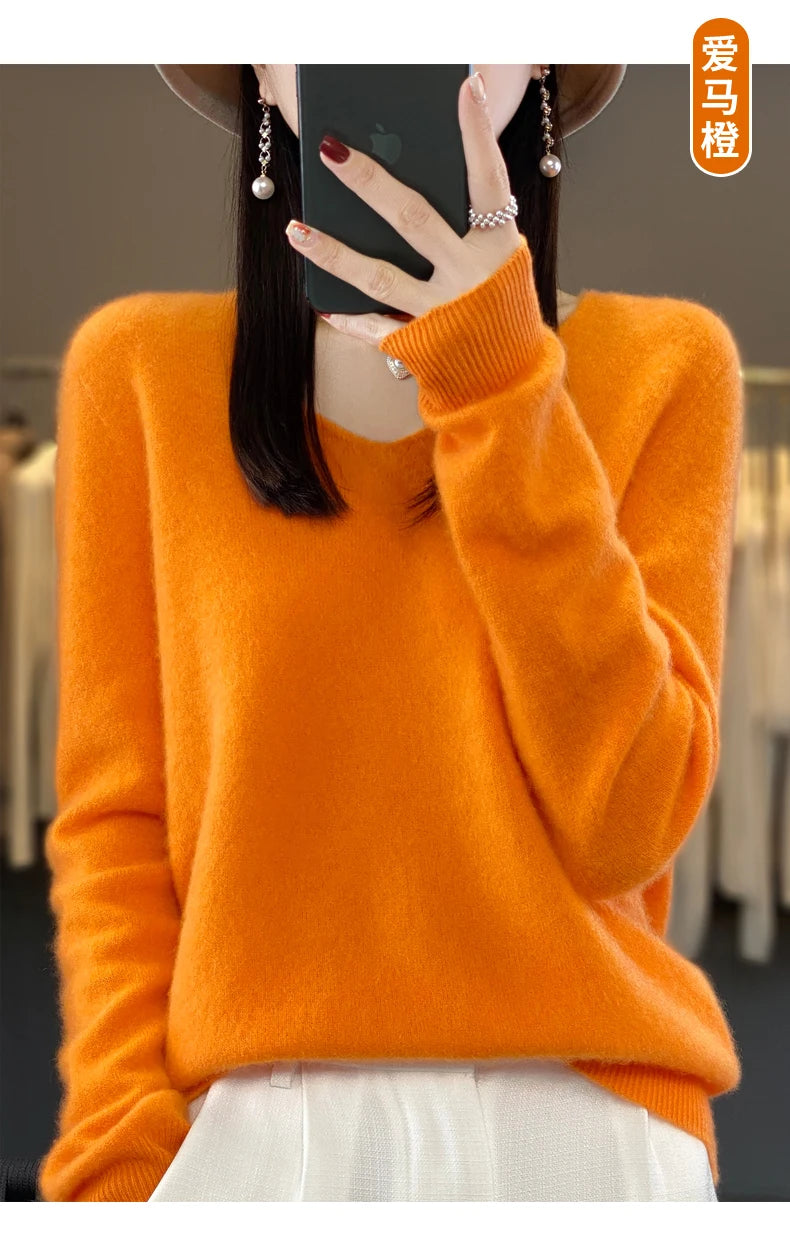 Kaschmirpullover 100% Wolle V-Ausschnitt Damen - Strick Casual Korean Fashion Herbst Winter