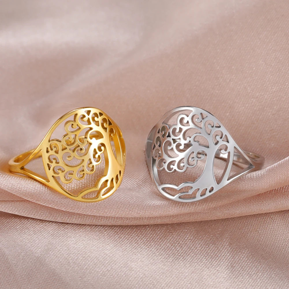 Bague Arbre de Vie Acier Inoxydable Argenté – Symbole Nature & Spiritualité | Bijou Unisexe Couple & Mariage | Cadeau Intemporel