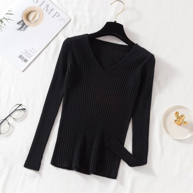 Pull Femme Col V Tricoté Manches Longues Casual Uni Basique – Sweater Chaud Confortable Automne Hiver | Mode Intemporelle