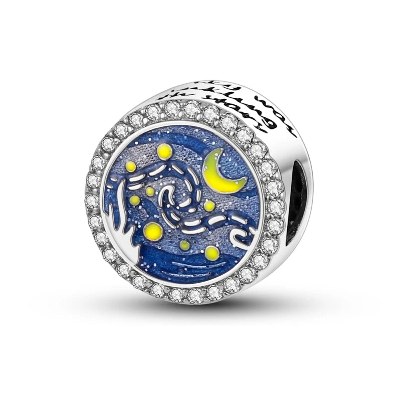 Charm Argent 925 Bleu Rotatif – Œil Démon, Main, Lune & Ciel Étoilé | Perle Pendentif Bracelet Femme | Bijou Spirituel & Mystique