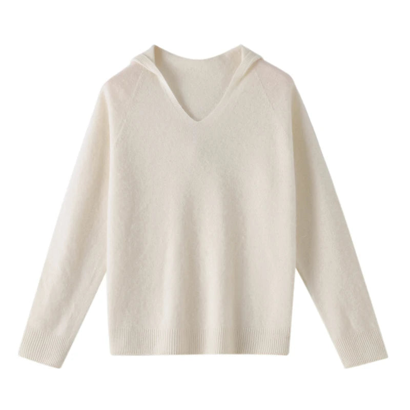 Pull Cachemire Femme 100% Laine Mérinos Col V À Capuche – Chaud Élégant Tendance | Automne Hiver