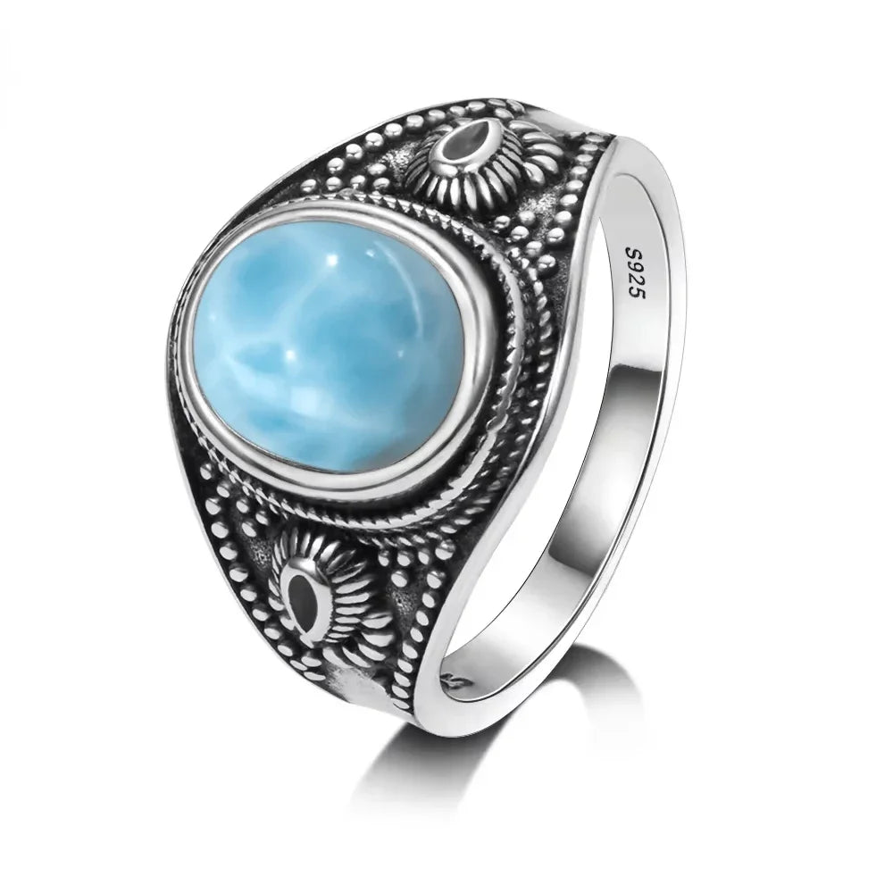 Bague Argent 925 Pierre Larimar Naturelle Vintage – Forme Fleur Ronde Bleu Ciel & Eau de Mer | Bijou Fin Unisexe Pierre Rare des Caraïbes & Cadeau Premium