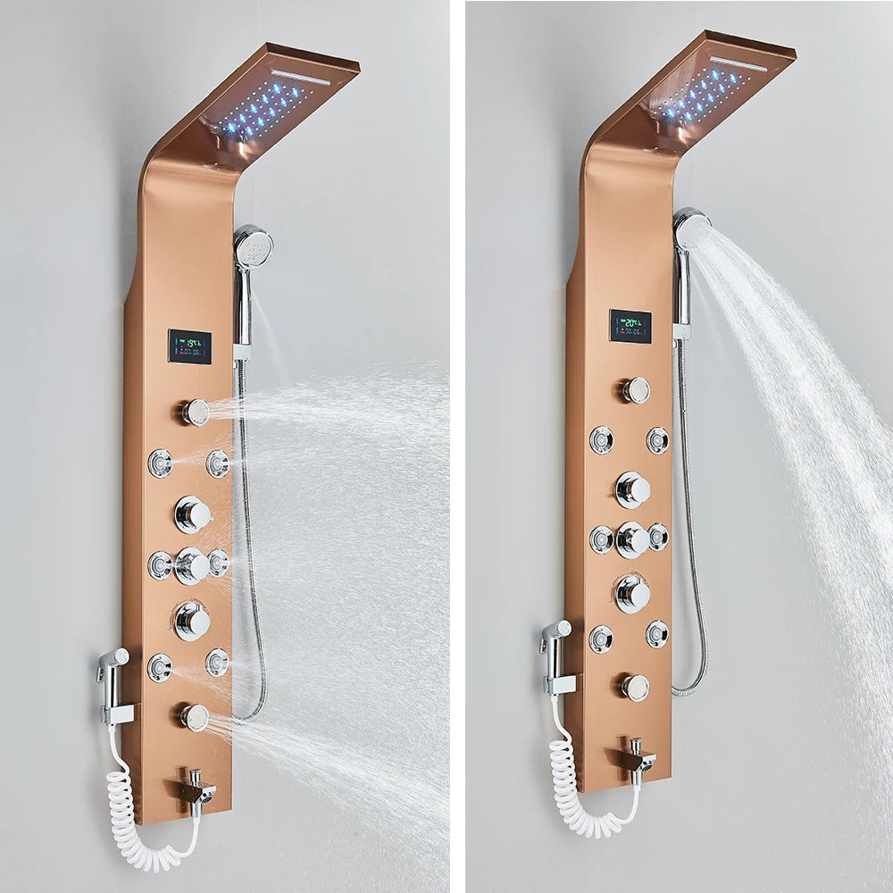 Panneau Douche LED 6 Modes Intelligent – Colonne LCD Rose Gold | Pluie, Cascade, Jets Massage & Robinet Mitigeur