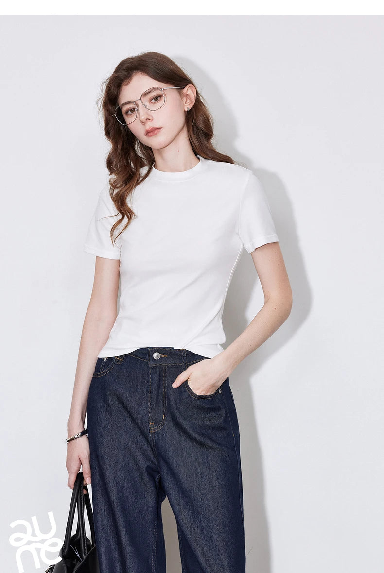 T-Shirt Lyocell Slim Fit Col Rond Manches Courtes Blanc - Basique Premium Polyvalent Printemps | TOYOUTH