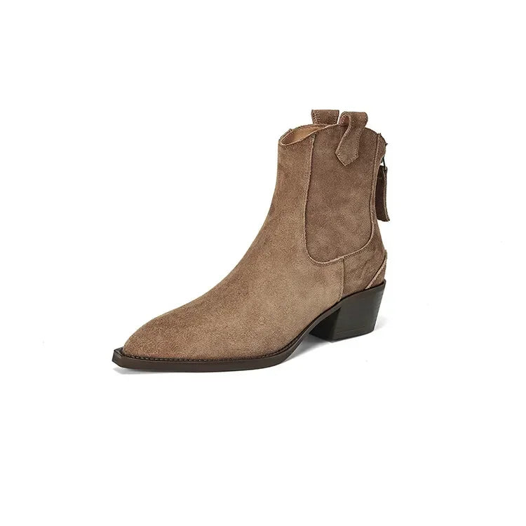 Bottes Suède Vache Chunky Heel Western Femme – Bout Pointu Noir Zip Concis Automne