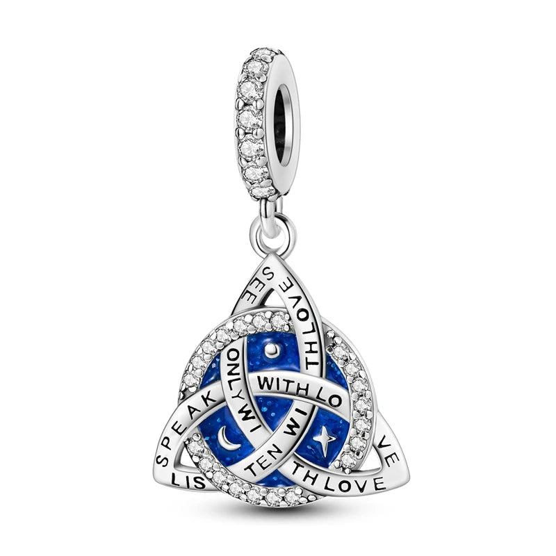 Charm Argent 925 Bleu Rotatif – Œil Démon, Main, Lune & Ciel Étoilé | Perle Pendentif Bracelet Femme | Bijou Spirituel & Mystique