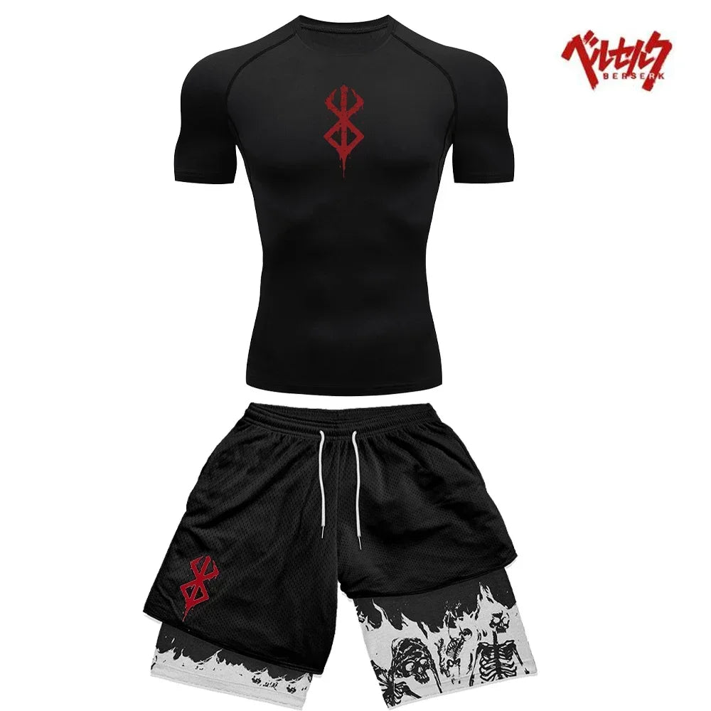 Ensemble Compression Homme Anime Berserk – T-Shirt + Short Gym Séchage Rapide | Running, Fitness & Workout Été | Sportswear Manga