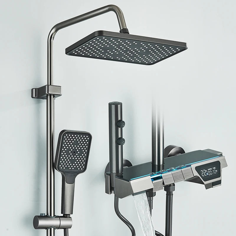 Rozin Ensemble Douche Pluie Gris – Affichage Digital, Style Piano, Mitigeur | Avec Bidet & Douchette