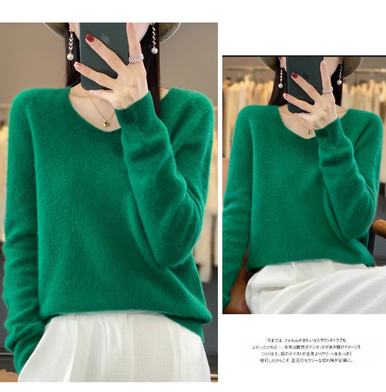 Kaschmirpullover 100% Wolle V-Ausschnitt Damen - Strick Casual Korean Fashion Herbst Winter