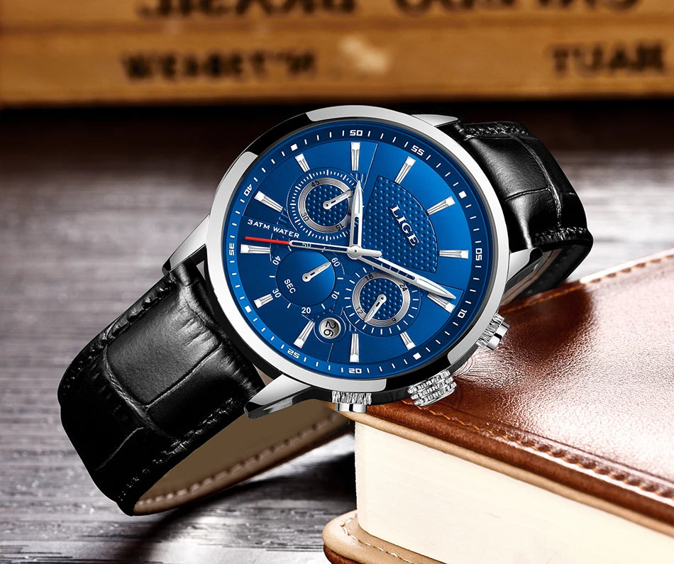 Montre Homme Luxe LIGE Chronographe Quartz Cuir – Business Sport Étanche Date 2025