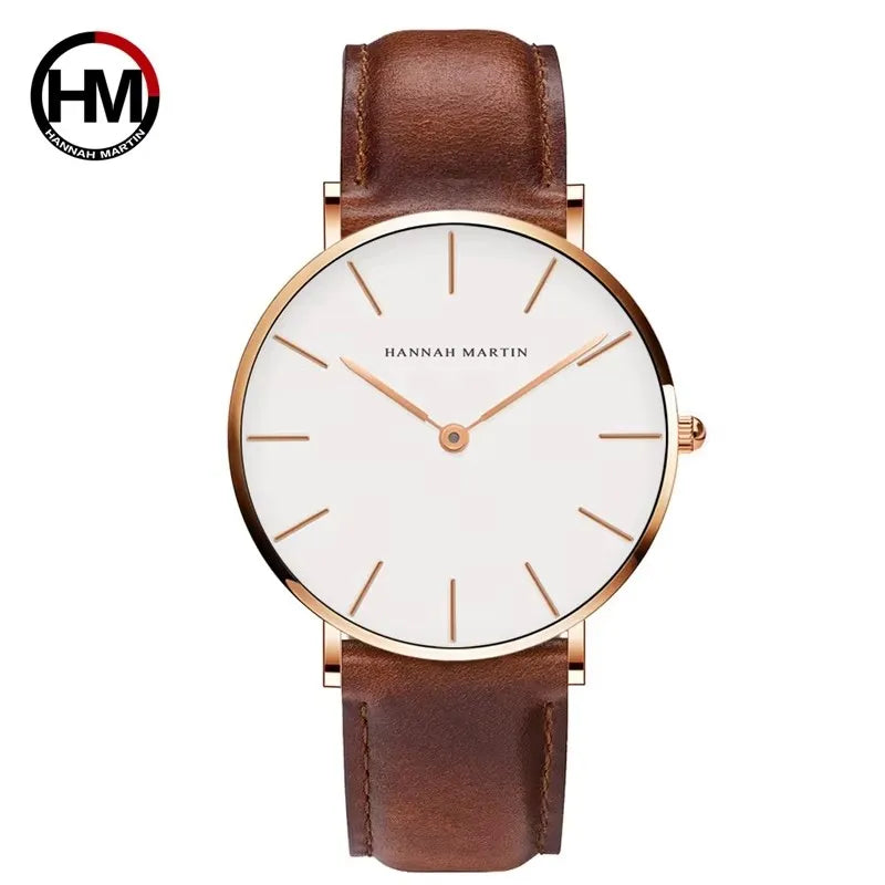 Montre Homme Hannah Martin Quartz Japonais – Bracelet Cuir Marron Argenté Étanche Fashion