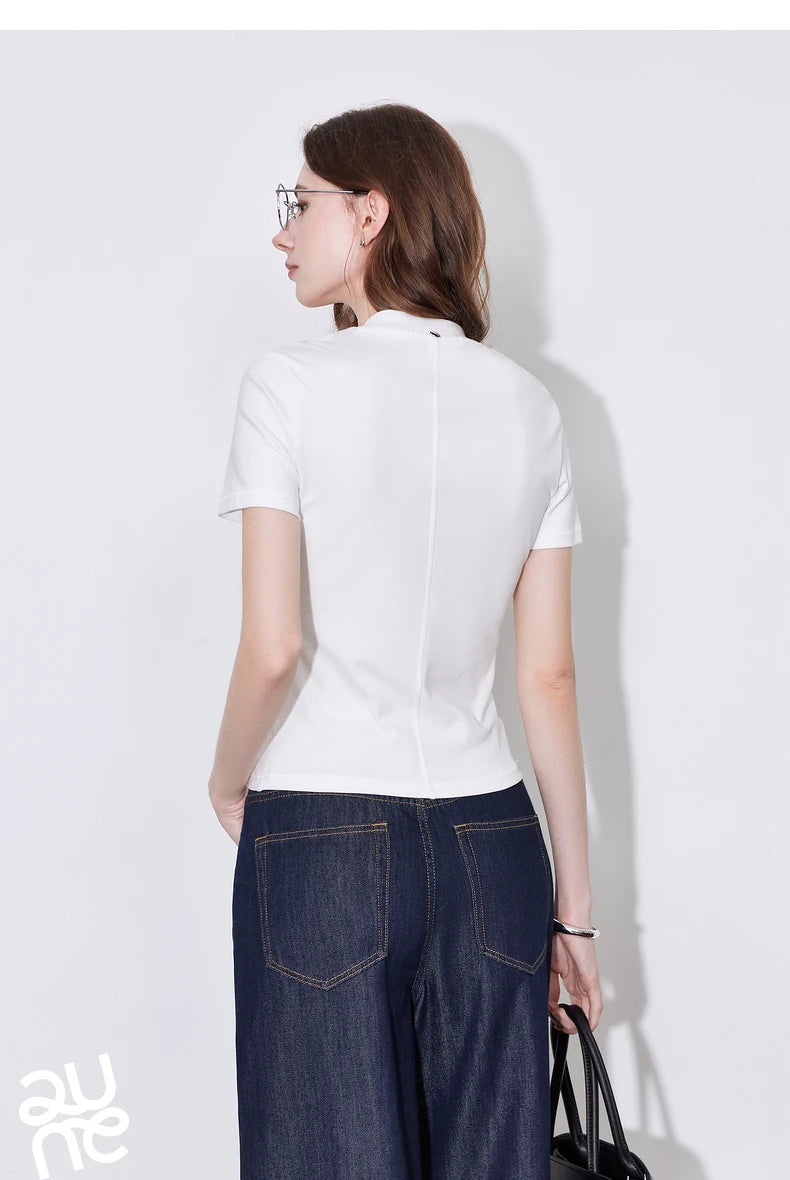 T-Shirt Lyocell Slim Fit Col Rond Manches Courtes Blanc - Basique Premium Polyvalent Printemps | TOYOUTH