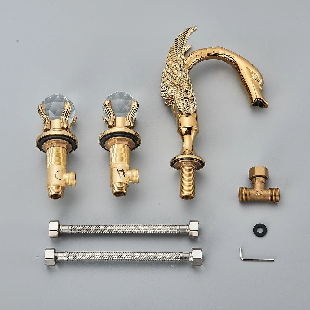Rozin Robinet Lavabo Cygne Or Luxe – Double Poignée Cristal, Mitigeur Eau Chaude & Froide | Pièce Maîtresse Salle de Bain
