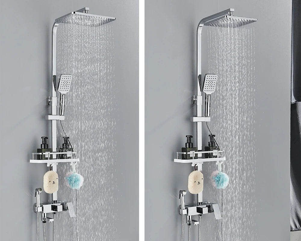 Rozin Ensemble Douche Pluie Mural Noir – Avec Bidet, Étagère & Bec Baignoire | Système Complet Laiton