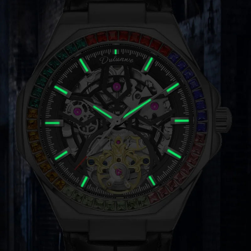Montre Homme Tourbillon Automatique Mécanique – Lunette Gemmes Arc-en-Ciel Sport Business