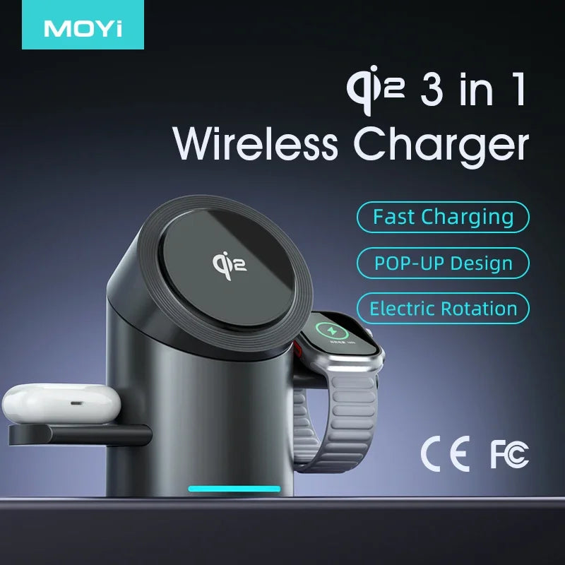 Chargeur Qi2 3-en-1 Multifonction Tactile Rotatif – iPhone 16 15 14 Pro Max iWatch Écouteurs