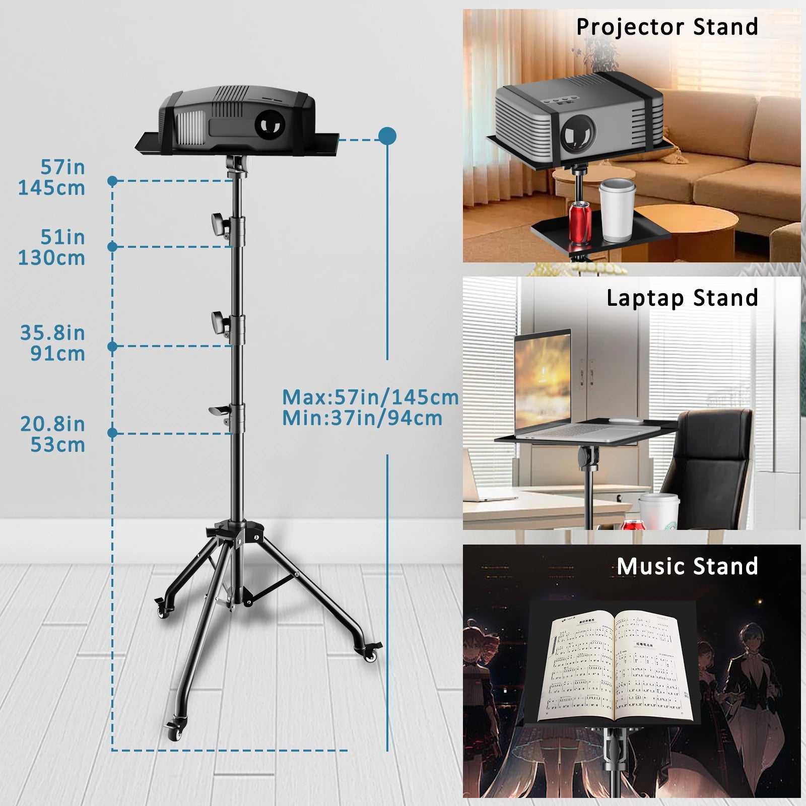 Trépied Projecteur & Laptop SH – Hauteur Réglable 58-160cm | Bureau Debout Extérieur Studio