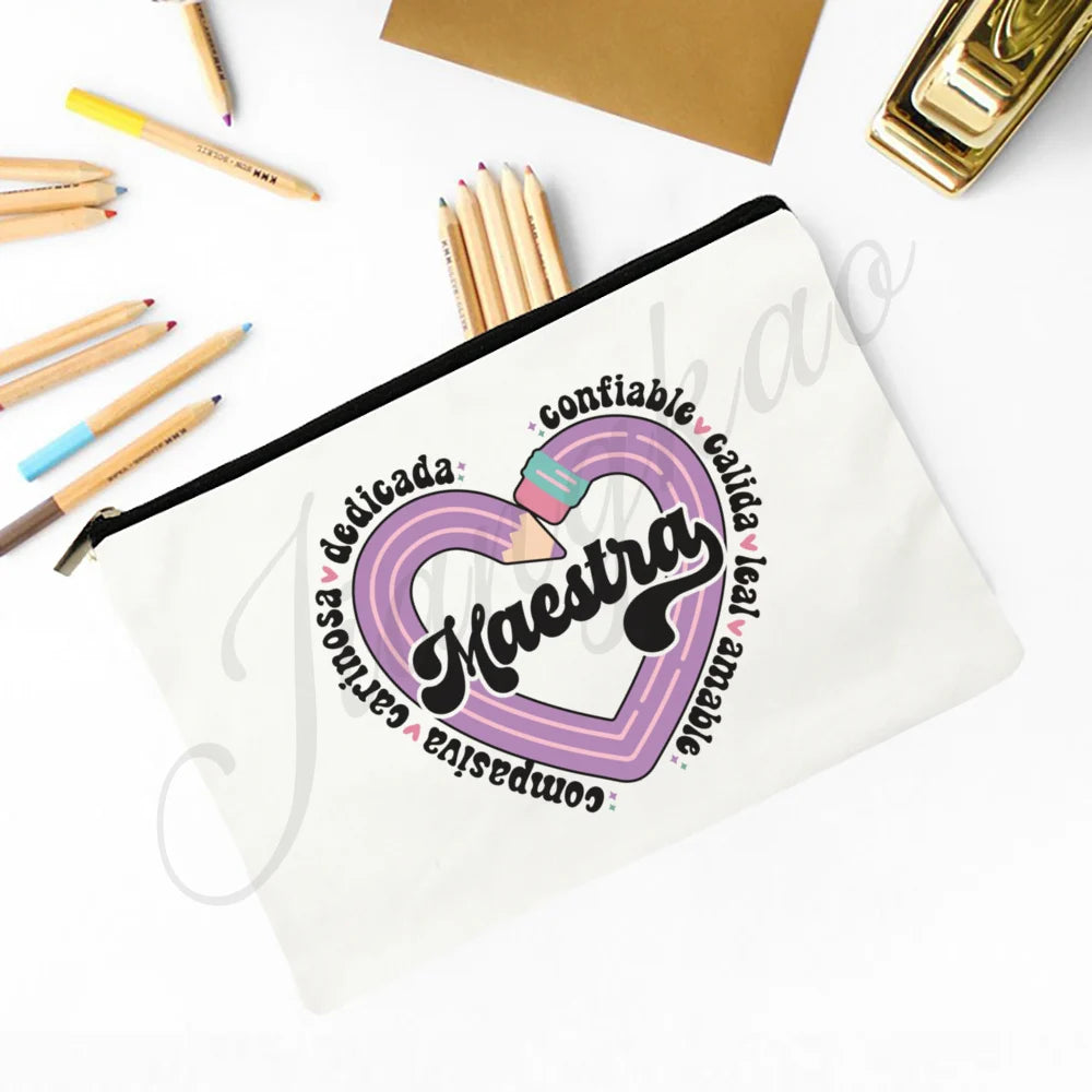 Trousse Maquillage Maestra Imprimé Coeur Espagnol – Organisateur Voyage & Crayon | Cadeau Enseignante