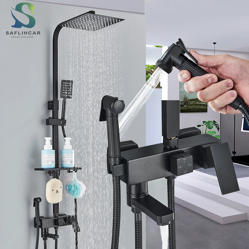 Ensemble Douche Pluie Mural Noir & Chrome Laiton – Étagère Offerte, Mitigeur Eau Chaude & Froide | Système Complet Salle de Bain