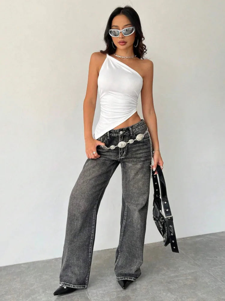 Top Femme T-Shirt Épaule Dénudée Asymmétrique Slim Fit Uni Casual – Haut Tendance Col Original Élégant | Mode 2025