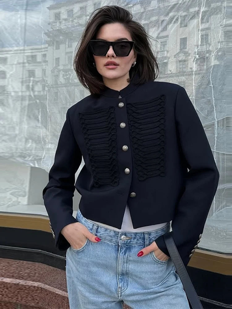 Veste Femme Velours Noir Franges Boutons Nœuds Ourlet Asymétrique Manches Longues Slim – Élégante Streetwear & Bureau