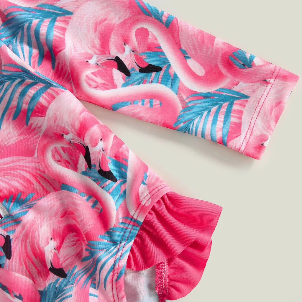 Maillot de Bain Bébé Fille Combinaison Zipper – Imprimé Flamant Rose Fleurs Manches Longues + Bandeau Été