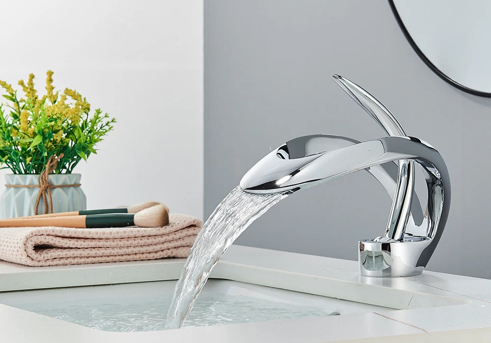 Rozin Robinet Lavabo Luxe Noir & Gris – Effet Cascade, Laiton, Style Moderne | Mitigeur Eau Chaude & Froide Vasque