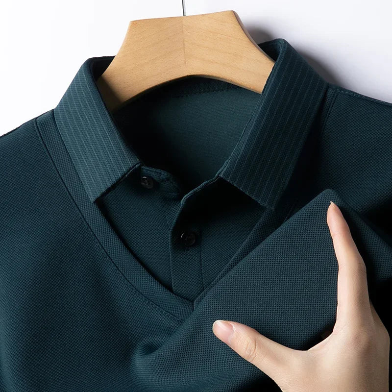 Polo Homme Manches Longues Faux Deux Pièces Couleur Unie – Business Casual Élégant Toutes Saisons Polyvalent | Mode Homme Premium