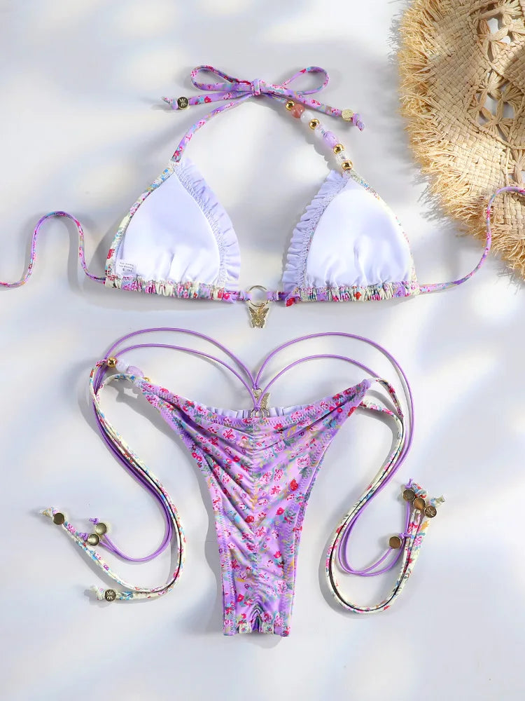 Bikini Femme 2 Pièces Imprimé Floral Micro Tanga Bandage Sexy – Maillot de Bain Été & Plage | 2026