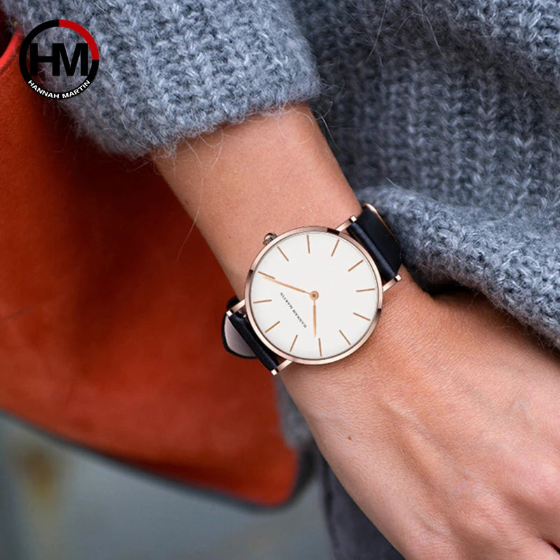 Montre Femme Luxe HANNAH MARTIN Ultra-Fine 36mm Cuir Or Rose – Étanche Élégante Fashion