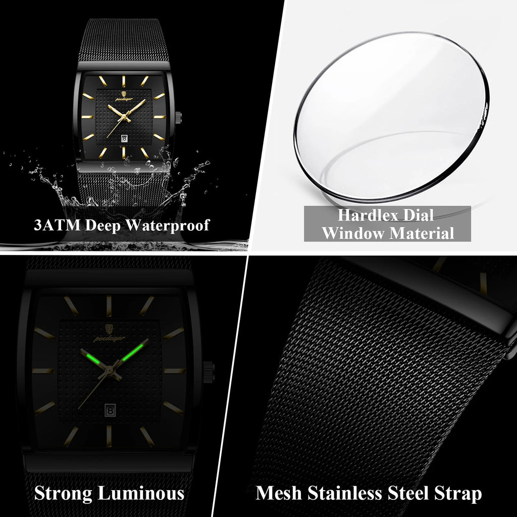Montre Homme Luxe POEDAGAR Maille Acier Inoxydable Lumineux Date Quartz – Étanche Élégante