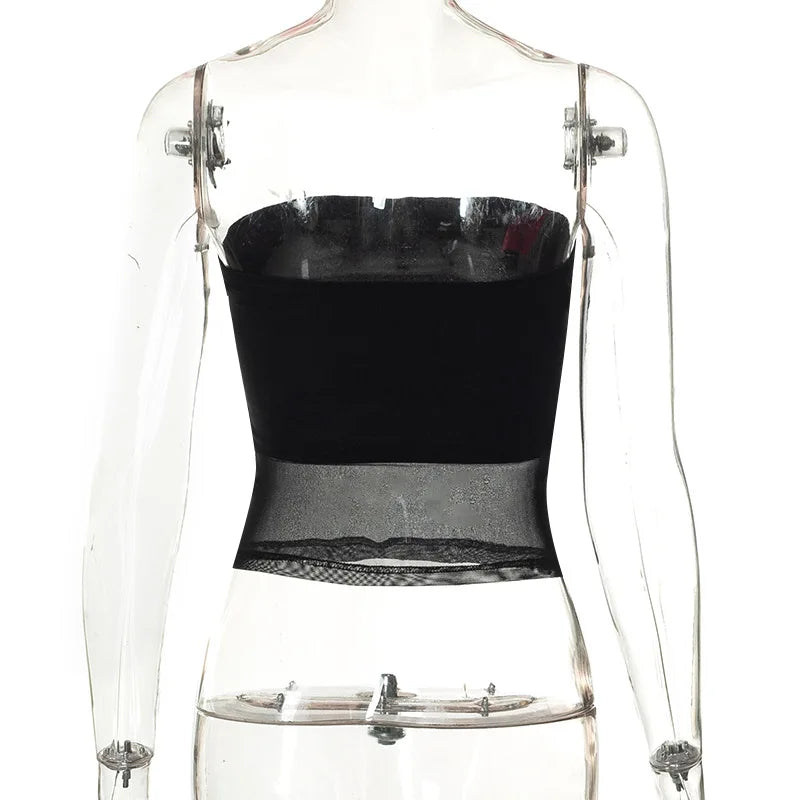 Crop Top Corset Femme Noir Mesh Patchwork Sans Bretelles Épaules Dénudées Slim Sexy – Streetwear Été | Cami